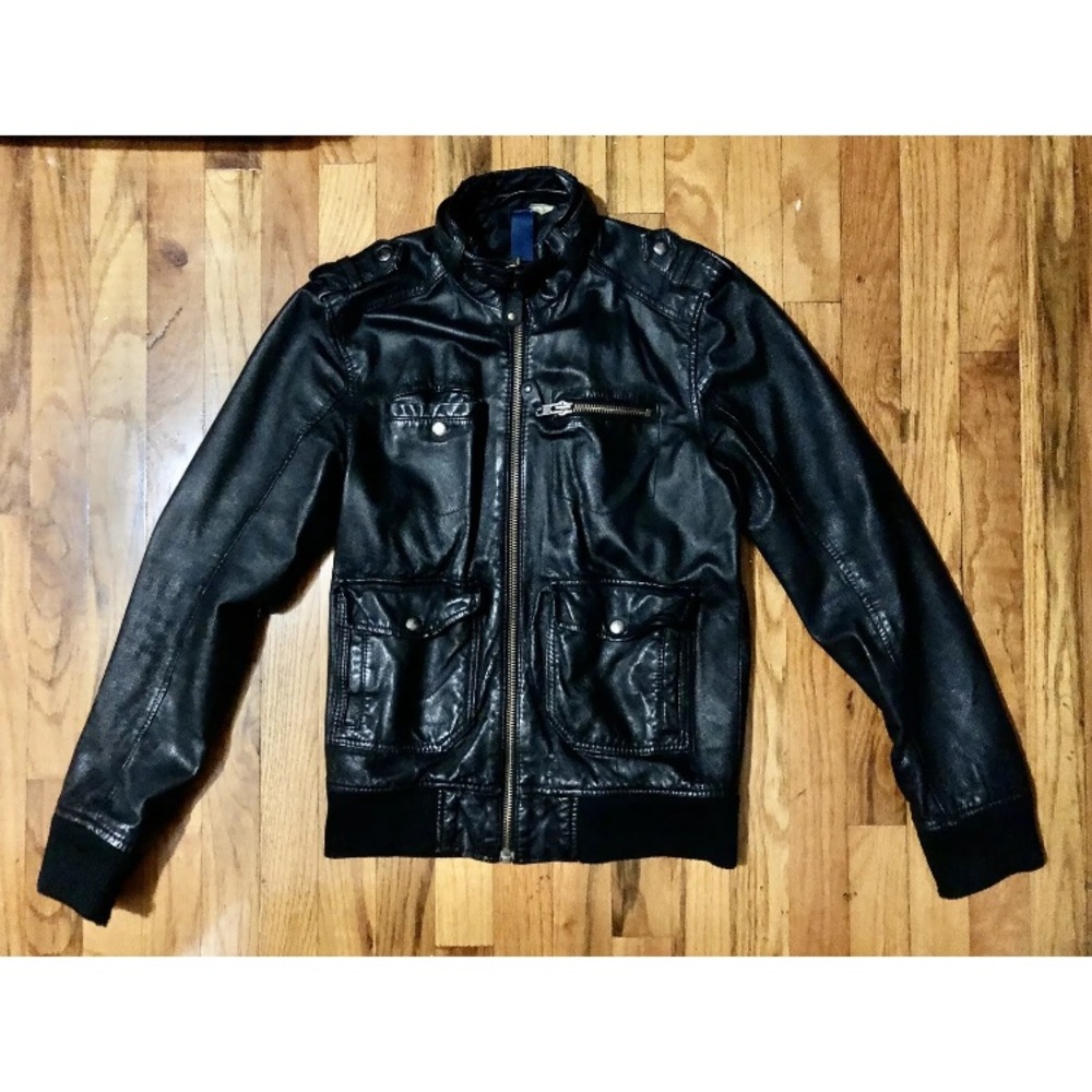 H&M Leather Jacket Aviator 80s Coat Vintage Biker - Picture 1 of 10